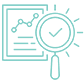 Green graphic of a document and magnifying glass with a tick